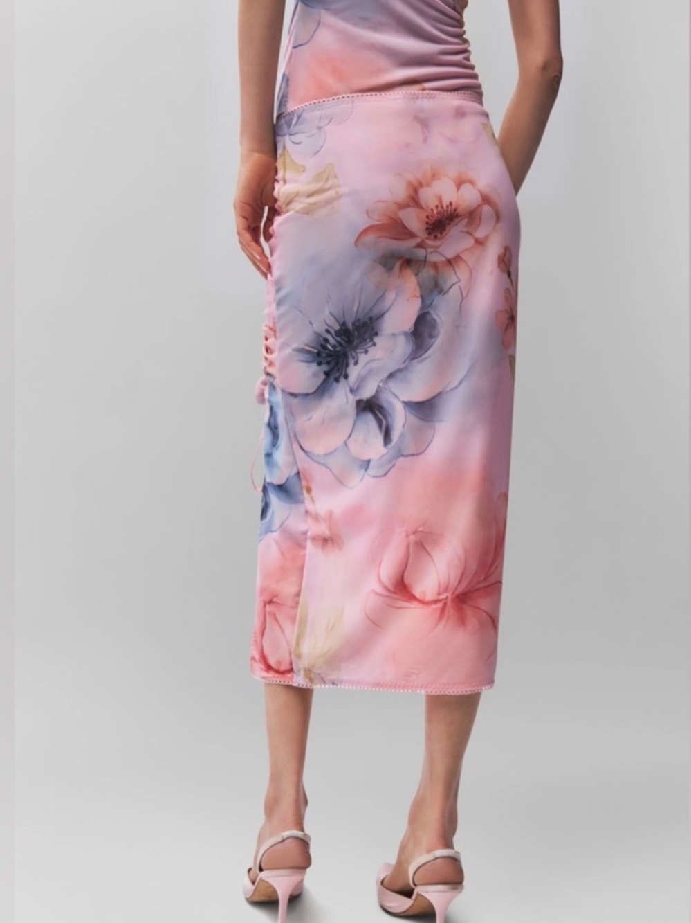 Guizio Celestina Ruched Rosette Printed Skirt in Cotton Candy Ambrosia Small NEW - Picture 2 of 9